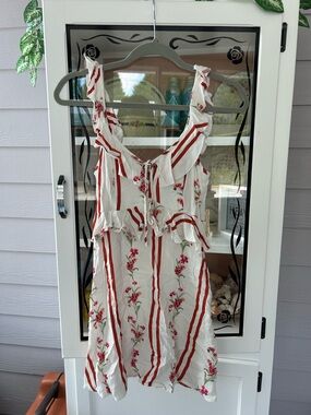 Forever 21 White Sundress with Red Stripes & Pink Floral Print